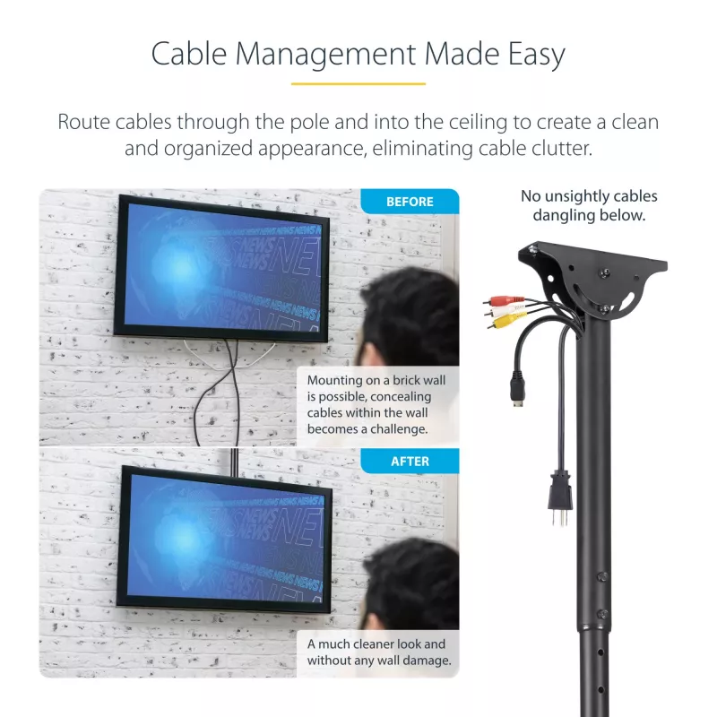 StarTech.com supporto da soffitto per TV – supporto universale a sospensione per singolo schermo completamente orientabile con asta telescopica regolabile – inclinazione / rotazione – supporto VESA per display da 32