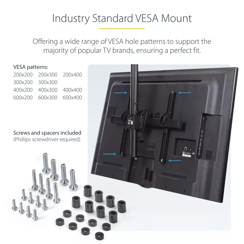StarTech.com supporto da soffitto per TV – supporto universale a sospensione per singolo schermo completamente orientabile con asta telescopica regolabile – inclinazione / rotazione – supporto VESA per display da 32