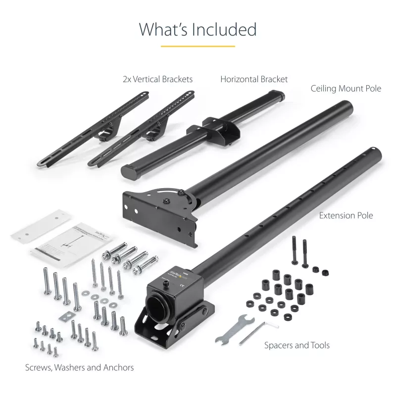 StarTech.com supporto da soffitto per TV – supporto universale a sospensione per singolo schermo completamente orientabile con asta telescopica regolabile – inclinazione / rotazione – supporto VESA per display da 32