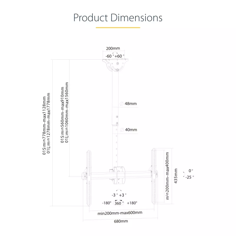 StarTech.com supporto da soffitto per TV – supporto universale a sospensione per singolo schermo completamente orientabile con asta telescopica regolabile – inclinazione / rotazione – supporto VESA per display da 32