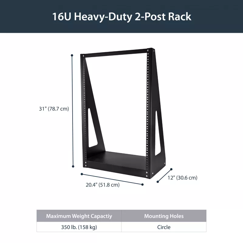 StarTech.com rack server desktop a 2 montanti 16U ad alte prestazioni, piccolo rack aperto per computer 19 pollici, rack di rete compatto per apparecchiature AV/studio/dati/IT, conforme TAA – rack a due montanti freestanding per casa/ufficio