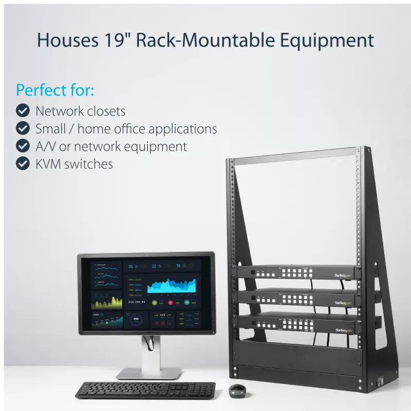 StarTech.com rack server desktop a 2 montanti 16U ad alte prestazioni, piccolo rack aperto per computer 19 pollici, rack di rete compatto per apparecchiature AV/studio/dati/IT, conforme TAA – rack a due montanti freestanding per casa/ufficio