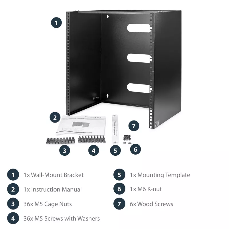 StarTech.com rack di rete a parete 12U – profondità 14 pollici (profilo piatto) – supporto patch panel 19 pollici per server e dispositivi IT a profilo piatto, switch di rete – portata 125 lbs/57 kg, nero