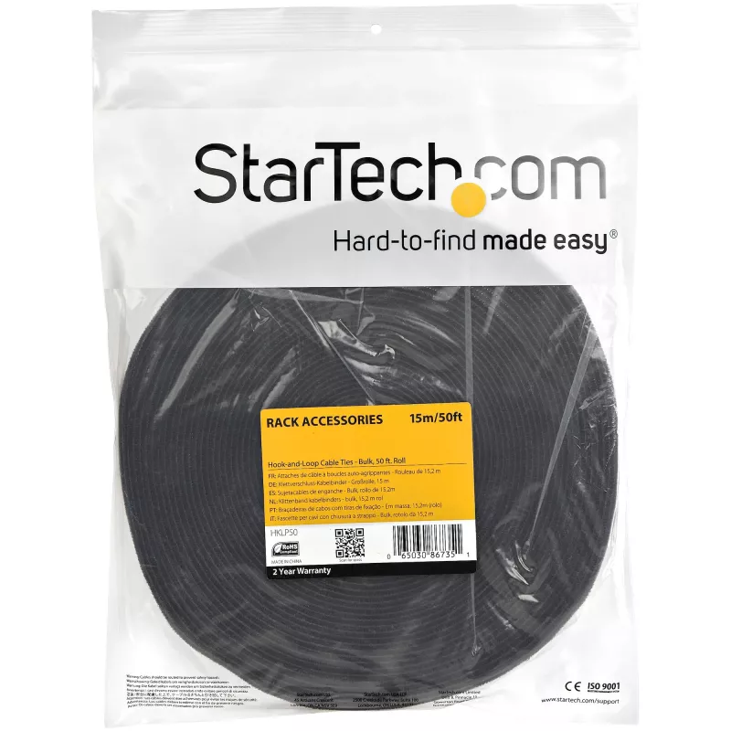 StarTech.com Rotolo a strappo da 50ft - Fascette riutilizzabili tagliabili su misura - Nastro fermacavi industriale all'ingrosso / Fascette in tessuto regolabili Nero / Fascette autobloccanti riutilizzabili per la gestione dei cavi