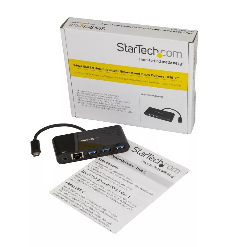 StarTech.com hub USB-C 3 porte con Gigabit Ethernet e 60 W Power Delivery passthrough per ricarica laptop – USB-C su 3x USB-A (USB 3.0 SuperSpeed 5 Gbit/s) – hub adattatore USB 3.1/3.2 Gen 1 Type-C