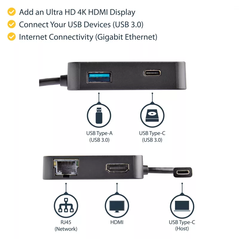 StarTech.com Adattatore multiporta USB-C – Mini dock USB-C portatile con video 4K-HDMI – Ethernet Gigabit, hub USB 3.0 (1x USB-A, 1x USB-C) – Adattatore multiporta USB Type-C – Compatibile Thunderbolt 3