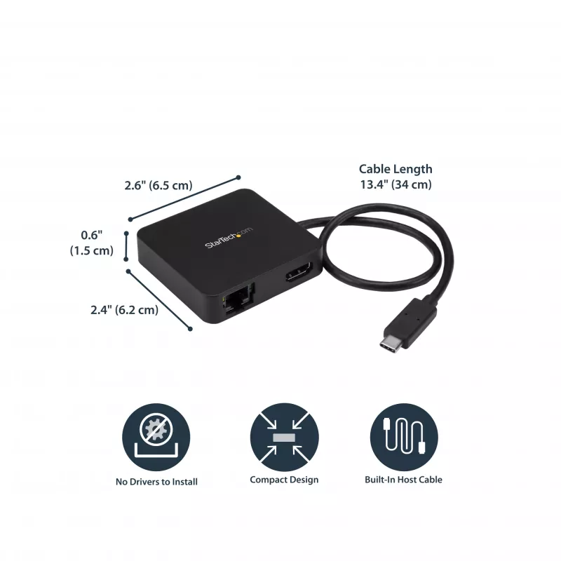 StarTech.com Adattatore multiporta USB-C – Mini dock USB-C portatile con video 4K-HDMI – Ethernet Gigabit, hub USB 3.0 (1x USB-A, 1x USB-C) – Adattatore multiporta USB Type-C – Compatibile Thunderbolt 3