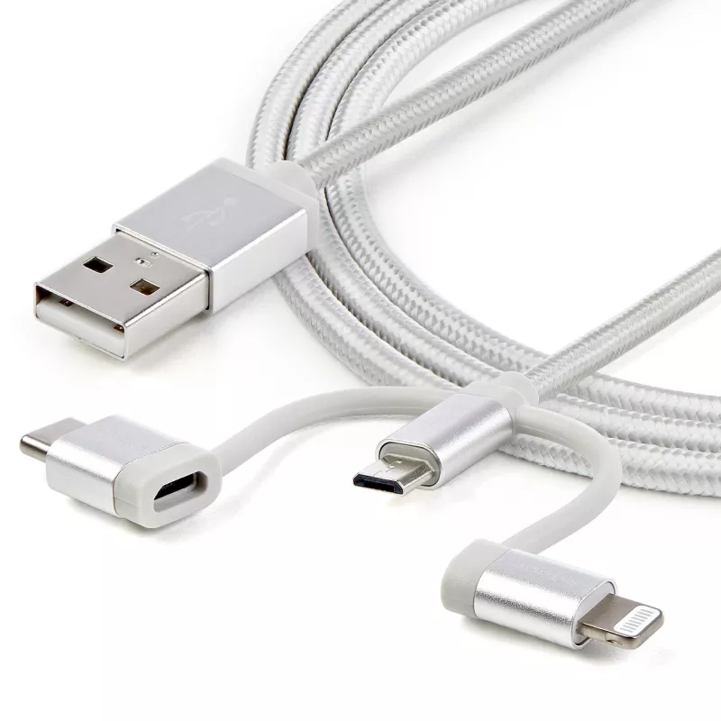 StarTech.com Cavo di ricarica multiplo USB da 1 m – USB a Micro-USB o USB-C o Lightning per iPhone/iPad/iPod/Android – certificato Apple MFi – caricabatterie USB 3-in-1 – intrecciato