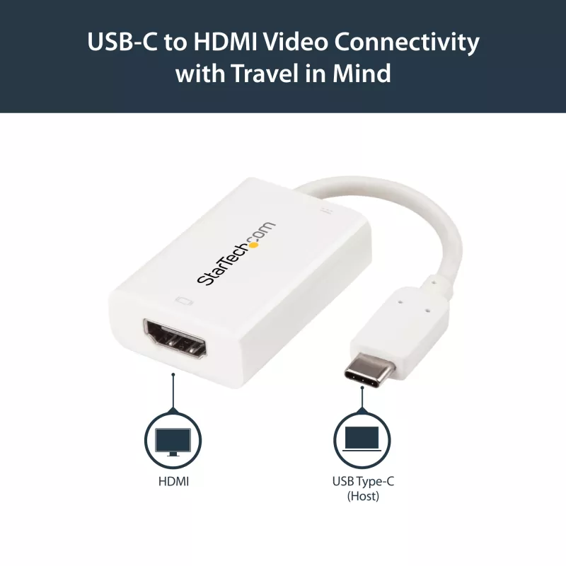 StarTech.com Adattatore USB-C a HDMI 2.0 con Power Delivery – convertitore video USB Type-C a HDMI 4K 60Hz – porta di ricarica passante PD 60W – compatibile Thunderbolt 3 – bianco