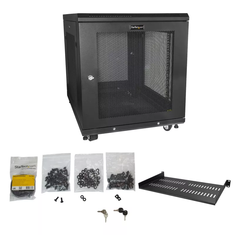 StarTech.com Armadio server 4 montanti 12U, armadio dati 19 pollici richiudibile per apparecchiature computer/AV/IT, armadio rete ufficio/casa con ruote e guide di montaggio regolabili