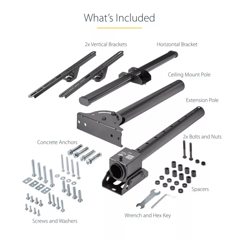 StarTech.com Supporto TV a soffitto – supporto sospeso universale completamente orientabile per un display con asta telescopica corta regolabile – inclinazione/rotazione – attacco VESA per display 32–75 pollici