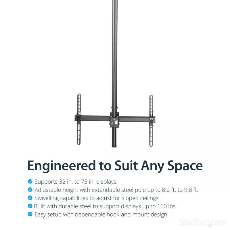 StarTech.com Supporto TV a soffitto – supporto sospeso universale completamente orientabile per un display con asta telescopica lunga regolabile – inclinazione / rotazione – attacco VESA per display 32-75 pollici