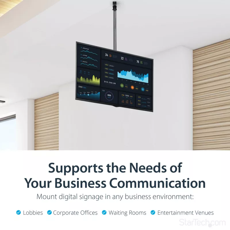 StarTech.com Supporto TV a soffitto – supporto sospeso universale completamente orientabile per un display con asta telescopica lunga regolabile – inclinazione / rotazione – attacco VESA per display 32-75 pollici