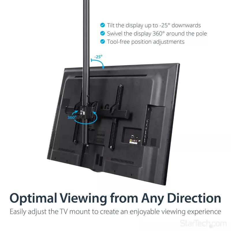 StarTech.com Supporto TV a soffitto – supporto sospeso universale completamente orientabile per un display con asta telescopica lunga regolabile – inclinazione / rotazione – attacco VESA per display 32-75 pollici