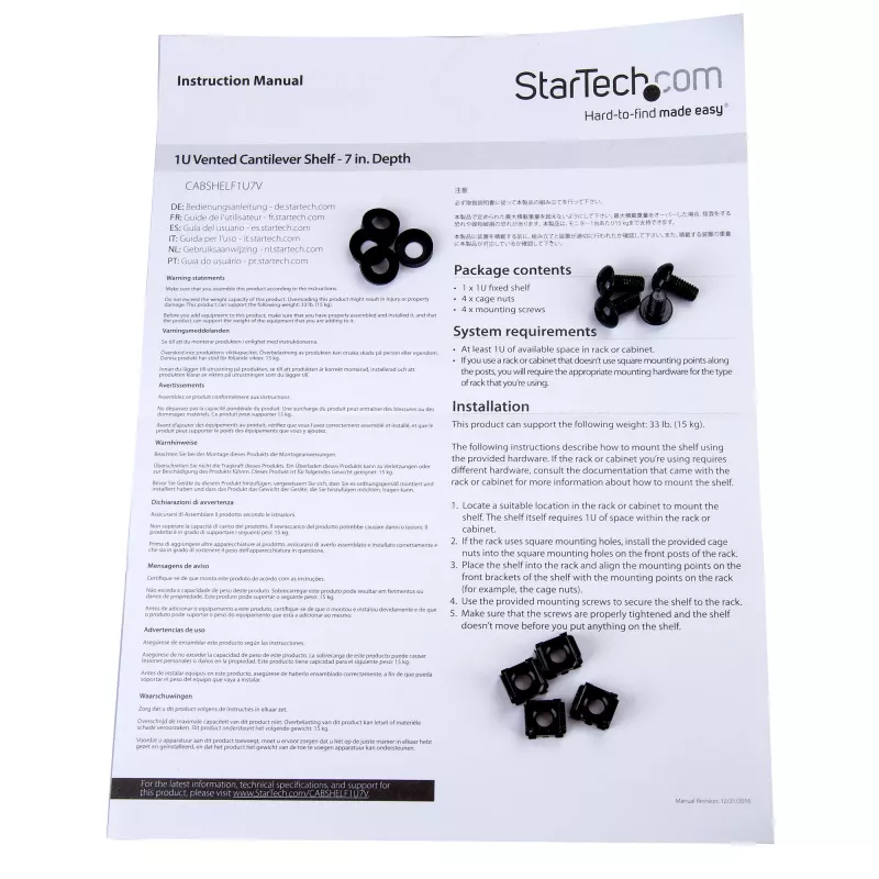 StarTech.com Ripiano rack server 1U – vassoio a sbalzo ventilato universale per rack e armadio di rete 19 pollici – robusta costruzione in acciaio – portata 44 lb/20 kg – ripiano profondo 7 pollici, nero