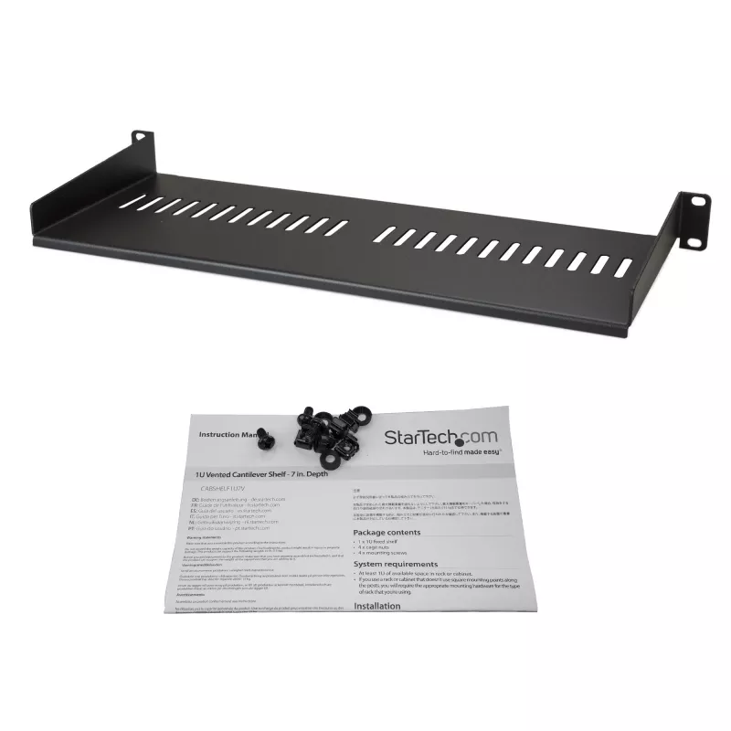 StarTech.com Ripiano rack server 1U – vassoio a sbalzo ventilato universale per rack e armadio di rete 19 pollici – robusta costruzione in acciaio – portata 44 lb/20 kg – ripiano profondo 7 pollici, nero