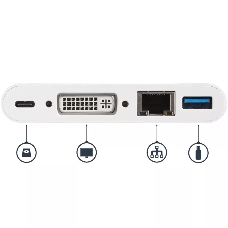 StarTech.com Adattatore multiporta USB-C – adattatore video USB-C a DVI-D (digitale) con ricarica passante Power Delivery 60 W, GbE, USB-A – mini docking station portatile per laptop USB Type-C/Thunderbolt 3