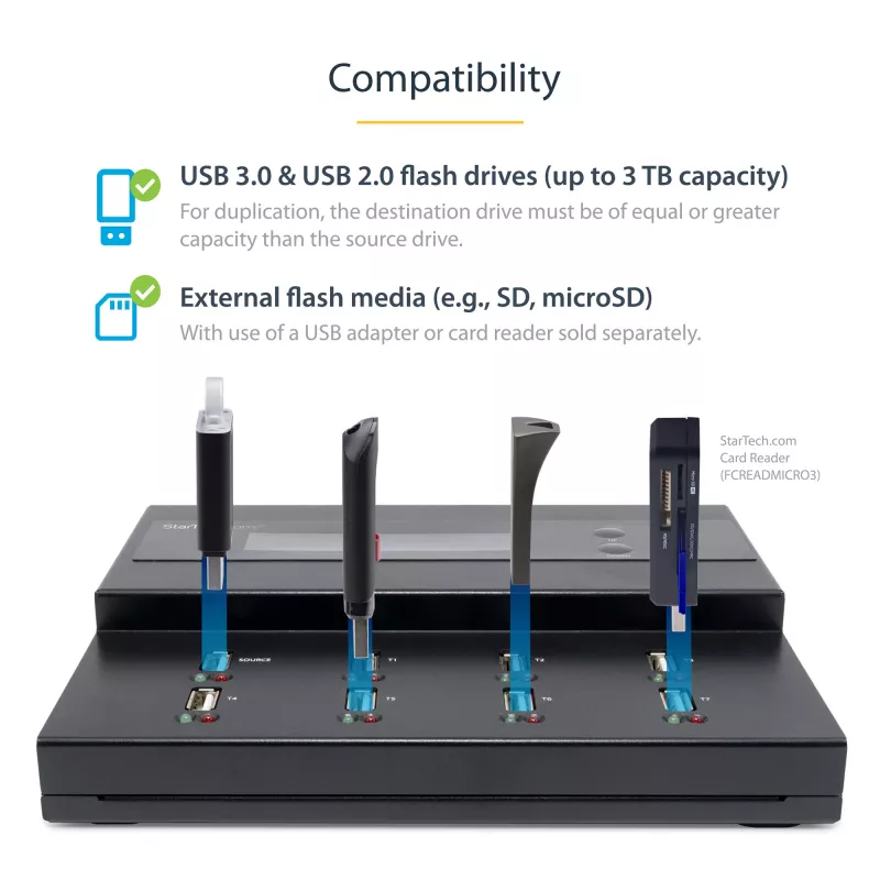 StarTech.com Duplicatore e cancellatore USB per chiavette USB autonomo 1-a-7, copiatore multi-USB flash drive, copia di sistema e file e dell'intera unità a 1,5 GB/min, cancellazione singola e a 3 passaggi, display LCD – TAA