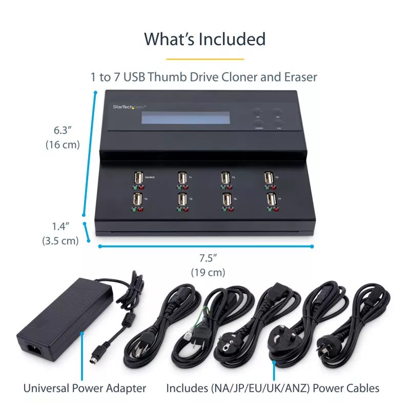 StarTech.com Duplicatore e cancellatore USB per chiavette USB autonomo 1-a-7, copiatore multi-USB flash drive, copia di sistema e file e dell'intera unità a 1,5 GB/min, cancellazione singola e a 3 passaggi, display LCD – TAA