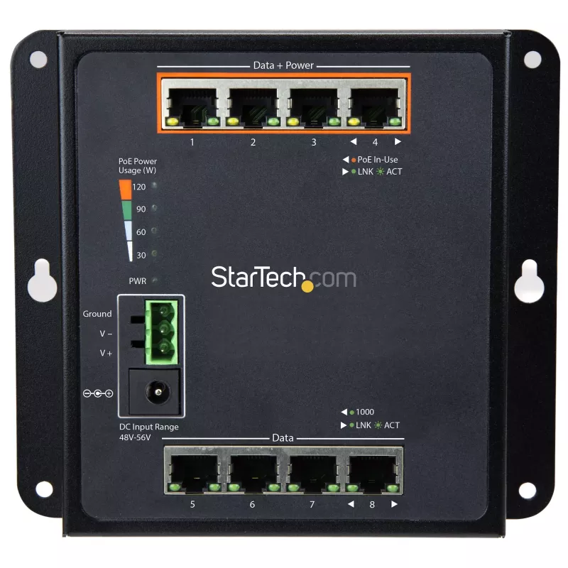 StarTech.com Switch PoE Gigabit industriale 8 porte – 4 x PoE+ 30W – Power Over Ethernet – switch gestito GbE Layer/L2 rugged – switch di rete Gigabit robusto ad alte prestazioni IP-30/-40 °C a +75 °C – TAA