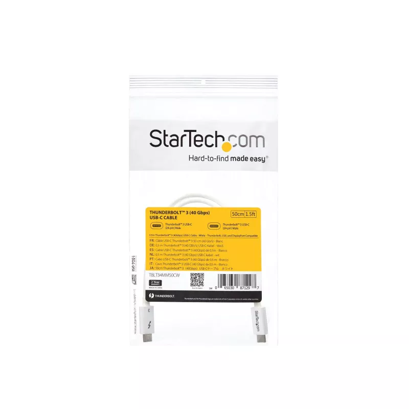StarTech.com Cavo Thunderbolt 3 – 40 Gbit/s – 0,5 m – bianco – compatibile Thunderbolt, USB e DisplayPort