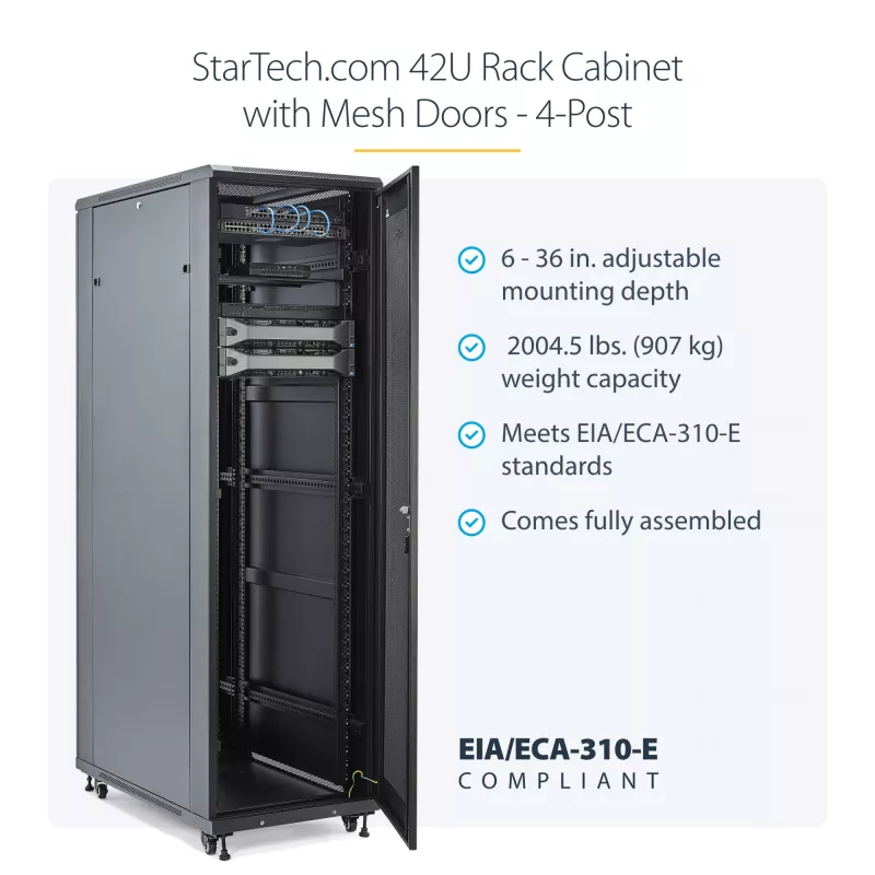 StarTech.com Armadio server 4 montanti 42U, armadio dati 19 pollici per montaggio apparecchiature computer / AV / IT, case armadio server con ruote, storage di rete industriale completo