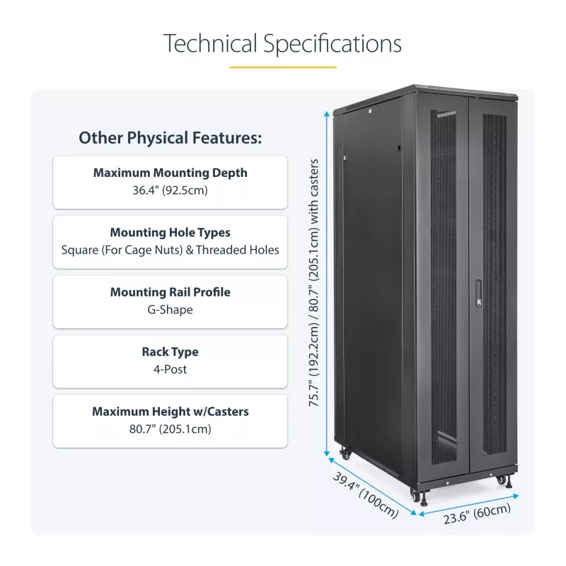 StarTech.com Armadio server 4 montanti 42U, armadio dati 19 pollici per montaggio apparecchiature computer / AV / IT, case armadio server con ruote, storage di rete industriale completo