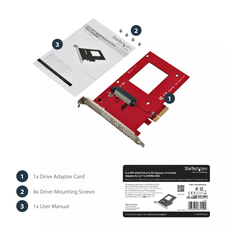 StarTech.com PEX4SFF8639 adattatore da U.2 a PCIe per SSD U.2 NVMe da 2,5 pollici, SFF-8639, x4 PCIe 3.0