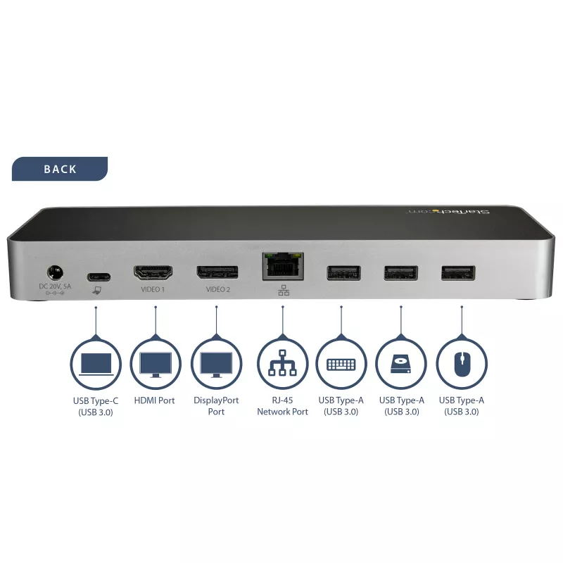 StarTech.com Dock USB-C – Doppio monitor HDMI e DisplayPort 4K 30 Hz – Docking station per laptop USB Type-C 60 W Power Delivery, SD, hub USB-A 3.0 a 4 porte, GbE, audio – compatibile Thunderbolt 3