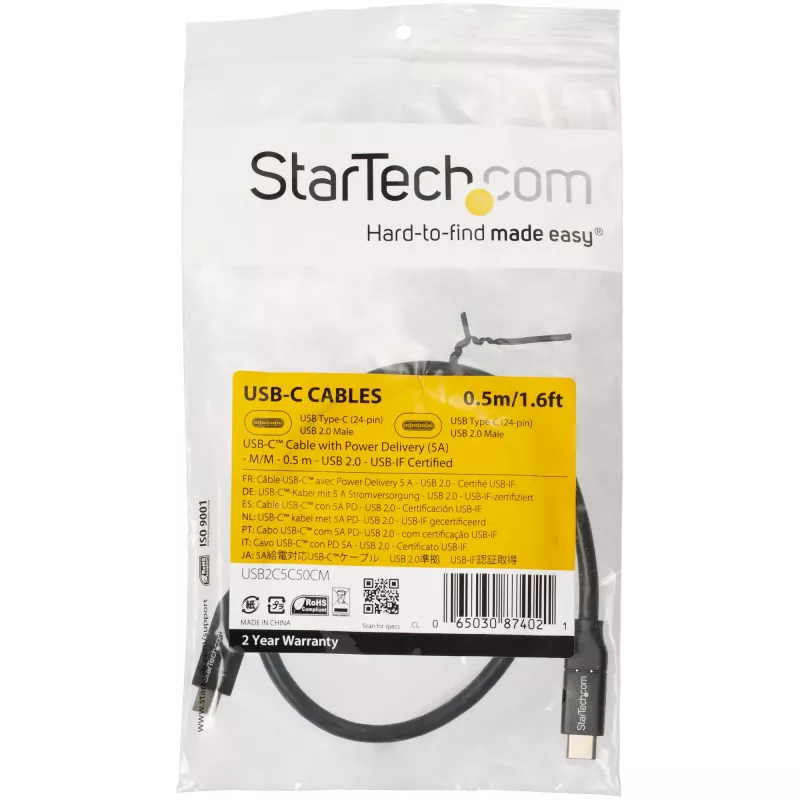 StarTech.com Cavo USB-C a USB-C con 5A PD - M/M - 0,5 m - USB 2.0 - certificato USB-IF