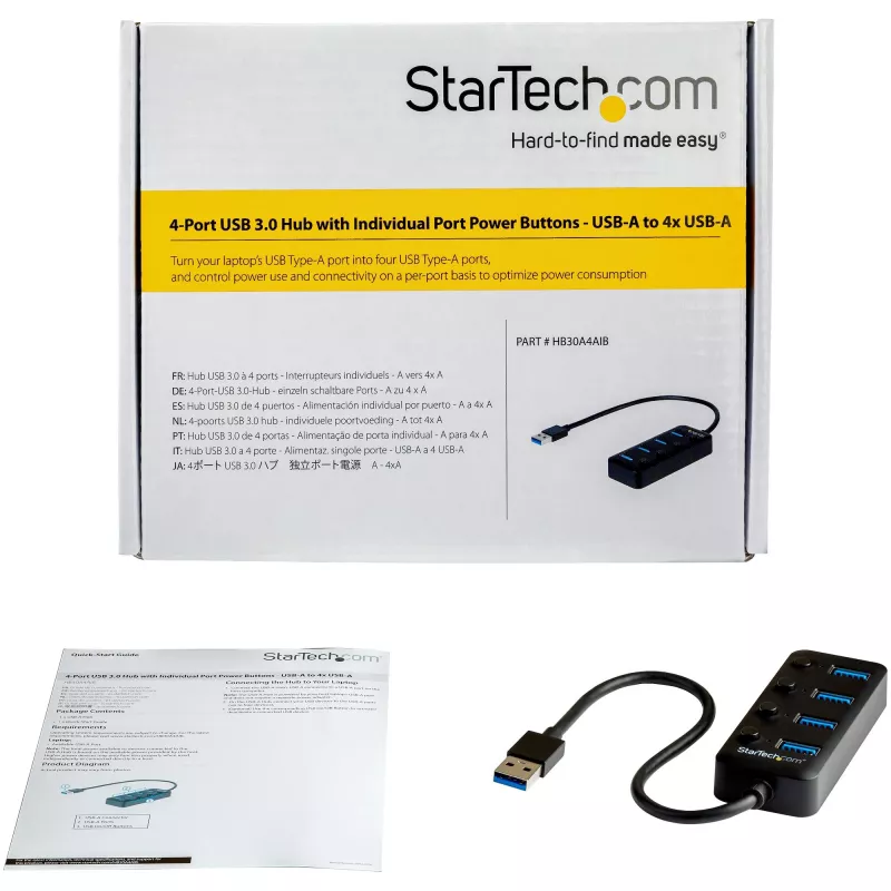 StarTech.com Hub USB 3.0 a 4 porte – USB-A a 4x USB 3.0 Type-A con interruttori on/off individuali per le porte – SuperSpeed 5 Gbit/s USB 3.1/3.2 Gen 1 – Alimentazione da bus USB – Portatile – Cavo fisso da 25 cm~Hub USB 3.0 a 4 porte – USB-A a 4x USB 3.0 Type-A con interruttori on/off individuali per le porte – SuperSpeed USB 3.2 Gen 1 (5 Gbit/s) – Alimentazione da bus USB – Portatile – 9,8″…