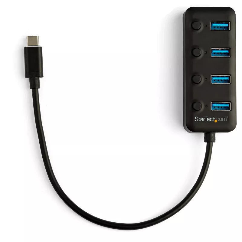 StarTech.com Hub USB-C a 4 porte – USB-C a 4x porte USB 3.0 Type-A con interruttori on/off individuali – SuperSpeed 5 Gbit/s USB 3.1/3.2 Gen 1 – Alimentato da bus USB – Portatile – Cavo fisso da 25 cm