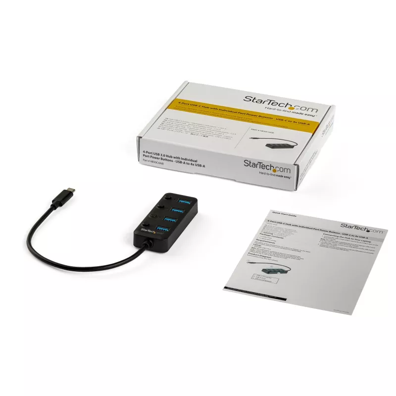 StarTech.com Hub USB-C a 4 porte – USB-C a 4x porte USB 3.0 Type-A con interruttori on/off individuali – SuperSpeed 5 Gbit/s USB 3.1/3.2 Gen 1 – Alimentato da bus USB – Portatile – Cavo fisso da 25 cm