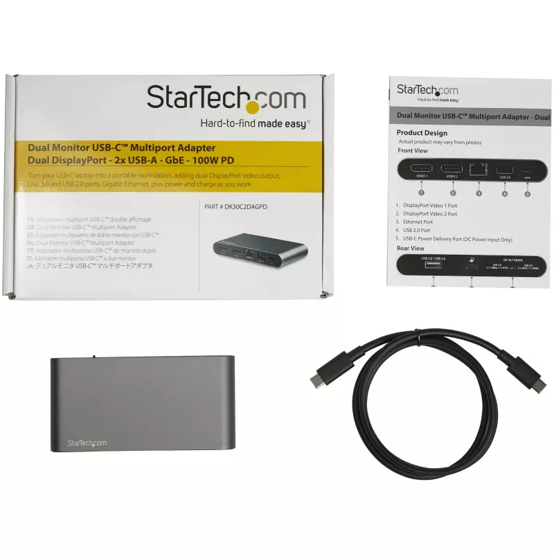 StarTech.com dock USB-C – docking station mini per laptop con DisplayPort doppio monitor 4K – Power Delivery passthrough 100 W – GbE, hub USB-A a 2 porte – adattatore multiporta USB Type-C – cavo 1 m