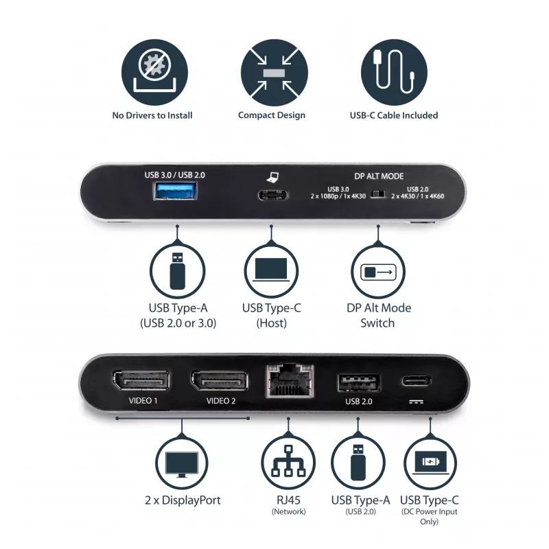 StarTech.com dock USB-C – docking station mini per laptop con DisplayPort doppio monitor 4K – Power Delivery passthrough 100 W – GbE, hub USB-A a 2 porte – adattatore multiporta USB Type-C – cavo 1 m