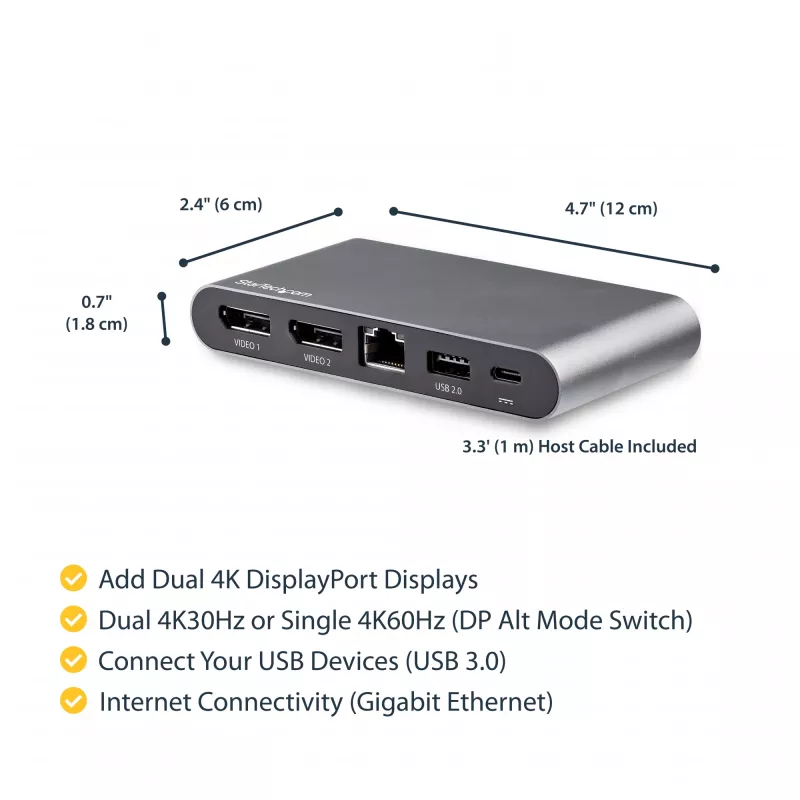 StarTech.com dock USB-C – docking station mini per laptop con DisplayPort doppio monitor 4K – Power Delivery passthrough 100 W – GbE, hub USB-A a 2 porte – adattatore multiporta USB Type-C – cavo 1 m