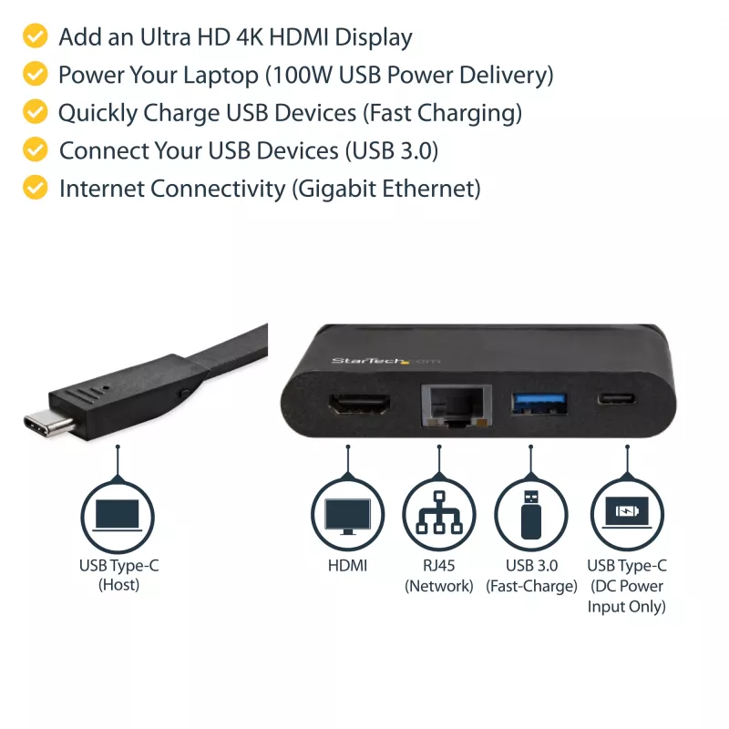 StarTech.com adattatore multiporta USB-C - dock USB-C portatile con HDMI 4K - PD 3.0 passthrough 100W, 1x USB-A, 1x USB-C, GbE - dock da viaggio per laptop Thunderbolt 3 e USB Type-C - Mac e Windows