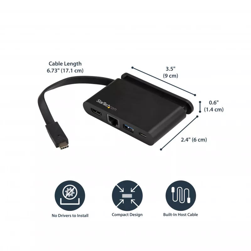 StarTech.com adattatore multiporta USB-C - dock USB-C portatile con HDMI 4K - PD 3.0 passthrough 100W, 1x USB-A, 1x USB-C, GbE - dock da viaggio per laptop Thunderbolt 3 e USB Type-C - Mac e Windows