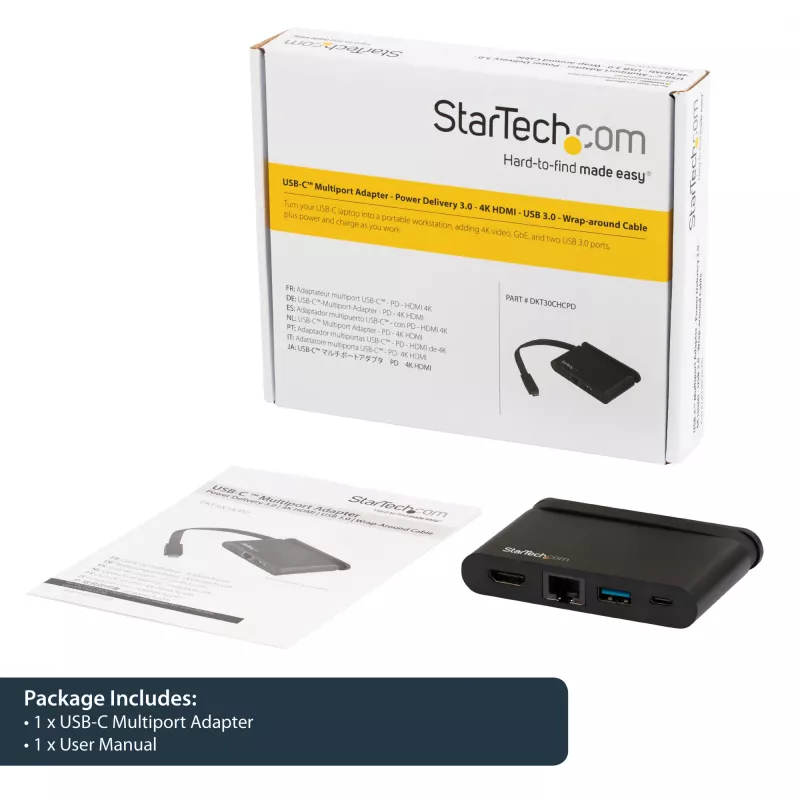 StarTech.com adattatore multiporta USB-C - dock USB-C portatile con HDMI 4K - PD 3.0 passthrough 100W, 1x USB-A, 1x USB-C, GbE - dock da viaggio per laptop Thunderbolt 3 e USB Type-C - Mac e Windows