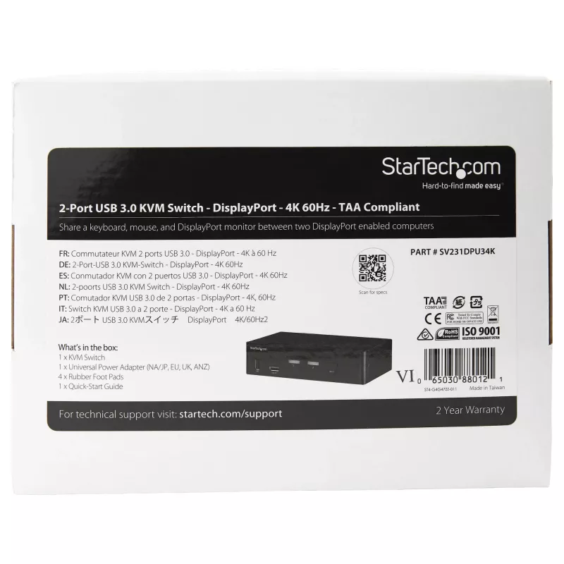 StarTech.com switch KVM DisplayPort a 2 porte - 4K 60Hz - singolo schermo - switch KVM DP 1.2 UHD dual-port USB con hub USB 3.0 integrato e audio - Dell HP Apple Lenovo - conforme TAA