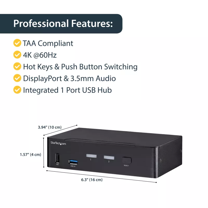StarTech.com switch KVM DisplayPort a 2 porte - 4K 60Hz - singolo schermo - switch KVM DP 1.2 UHD dual-port USB con hub USB 3.0 integrato e audio - Dell HP Apple Lenovo - conforme TAA