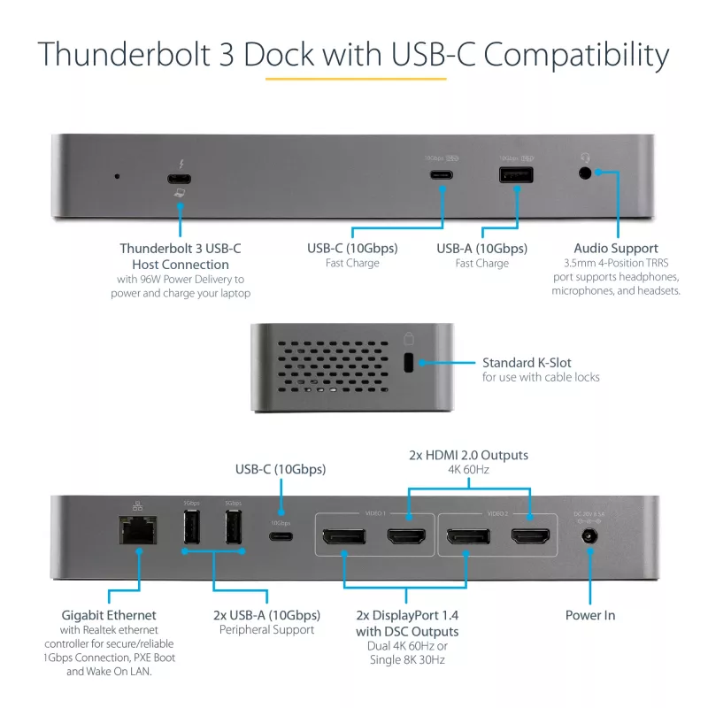 StarTech.com docking station USB C per Macbook Pro/Air-M1/M2/M3/M4, compatibile Thunderbolt, HDMI/DisplayPort, doppio 4K 60Hz/singolo 8K, dock laptop USB Type-C, Power Delivery 96W, USB 10Gbps