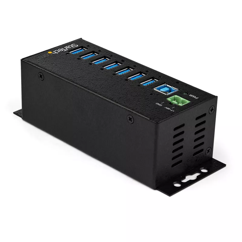 StarTech.com Hub USB 3.0 a 7 porte con alimentatore – Hub USB-A industriale in metallo con protezione ESD e sovratensione 350 W – Montaggio DIN/a parete/da tavolo – Hub USB 3.2 Gen 1 (5 Gbit/s) ad alta velocità – TAA