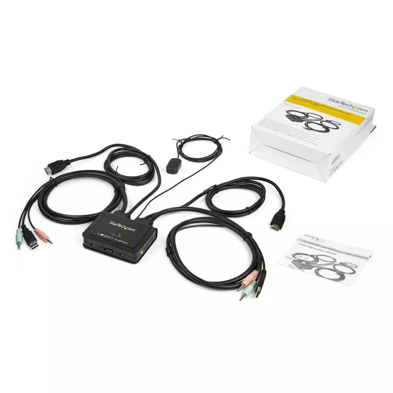 StarTech.com Switch KVM HDMI a 2 porte - 4K 60Hz - Switch KVM USB desktop UHD/Ultra HD dual-port compatto con cavi integrati da 1,2 m e audio - Alimentato via bus e commutazione remota - MacBook ThinkPad