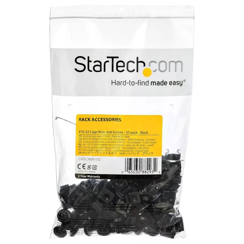 StarTech.com Confezione da 50 gabbie e viti per rack server 10-32 con rondelle – Kit hardware per montaggio rack – Gabbie a clip e viti per fori quadrati – Nero – TAA
