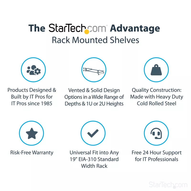 StarTech.com Mensola per rack server 1U - Mensola universale a mensola per montaggio rack per rack e armadio di rete da 19 pollici - Acciaio ad alta portata – Capacità di carico 20 kg - Vassoio profondo 16 pollici, nero