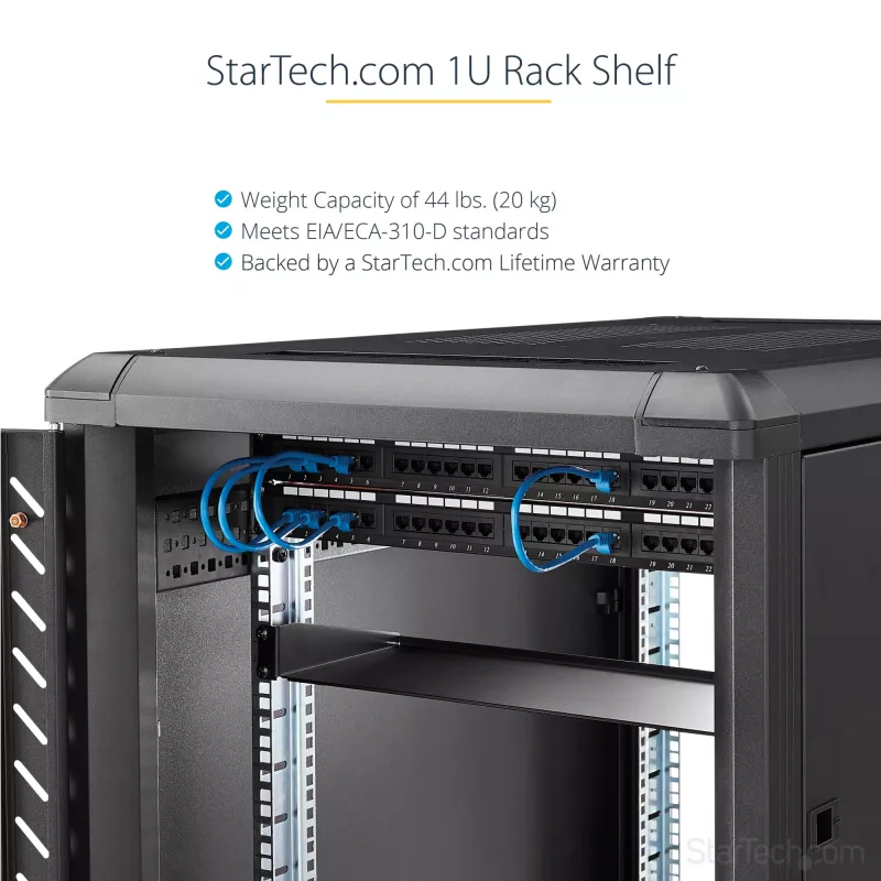 StarTech.com Mensola per rack server 1U - Mensola universale a mensola per montaggio rack per rack e armadio di rete da 19 pollici - Acciaio ad alta portata – Capacità di carico 20 kg - Vassoio profondo 16 pollici, nero