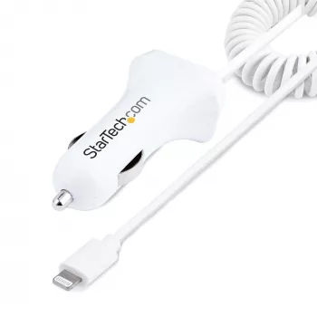 StarTech.com Caricabatterie da auto Lightning con cavo a spirale, cavo a spirale Lightning da 1 m, 12 W, bianco, adattatore caricabatterie da auto USB a 2 porte per telefoni e tablet, caricabatterie da auto iPhone dual-USB