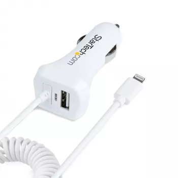 StarTech.com Caricabatterie da auto Lightning con cavo a spirale, cavo a spirale Lightning da 1 m, 12 W, bianco, adattatore caricabatterie da auto USB a 2 porte per telefoni e tablet, caricabatterie da auto iPhone dual-USB