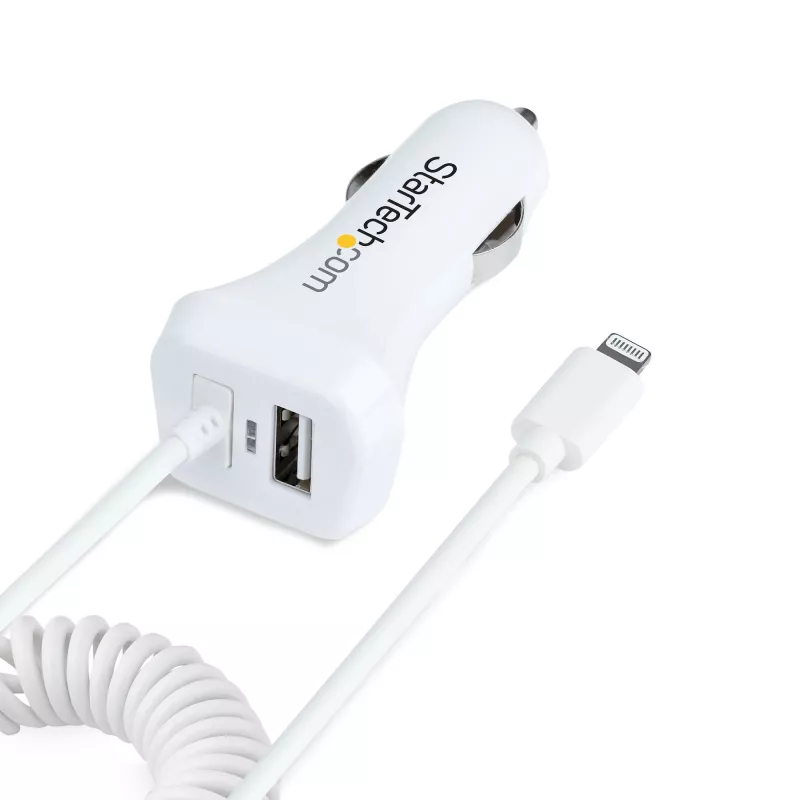 StarTech.com Caricabatterie da auto Lightning con cavo a spirale, cavo a spirale Lightning da 1 m, 12 W, bianco, adattatore caricabatterie da auto USB a 2 porte per telefoni e tablet, caricabatterie da auto iPhone dual-USB